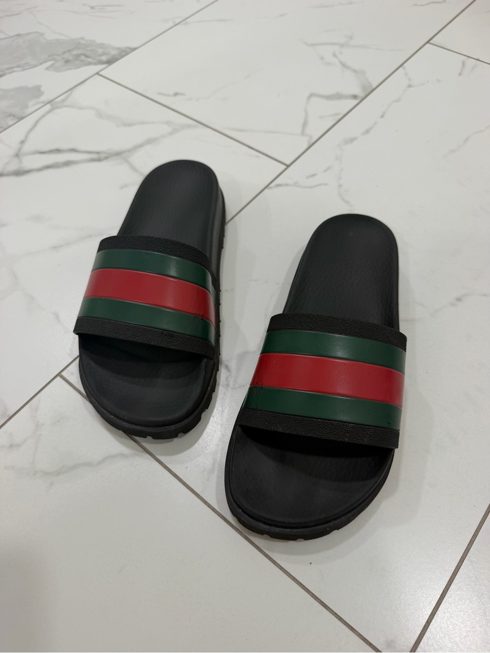 Men's Black Slide Sandals with Red and Green Stripes